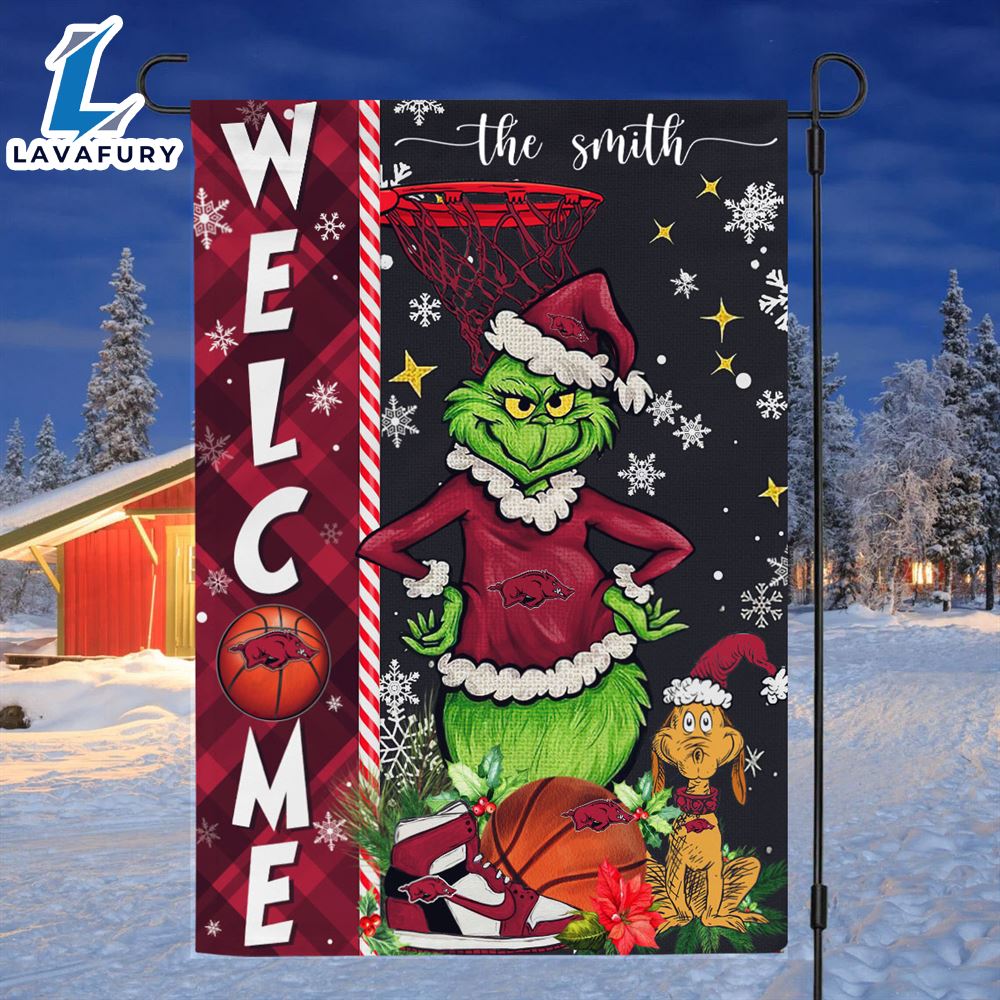 Custom Name NCAA Arkansas Razorbacks Grinch Basketball Christmas Welcome Garden Flag