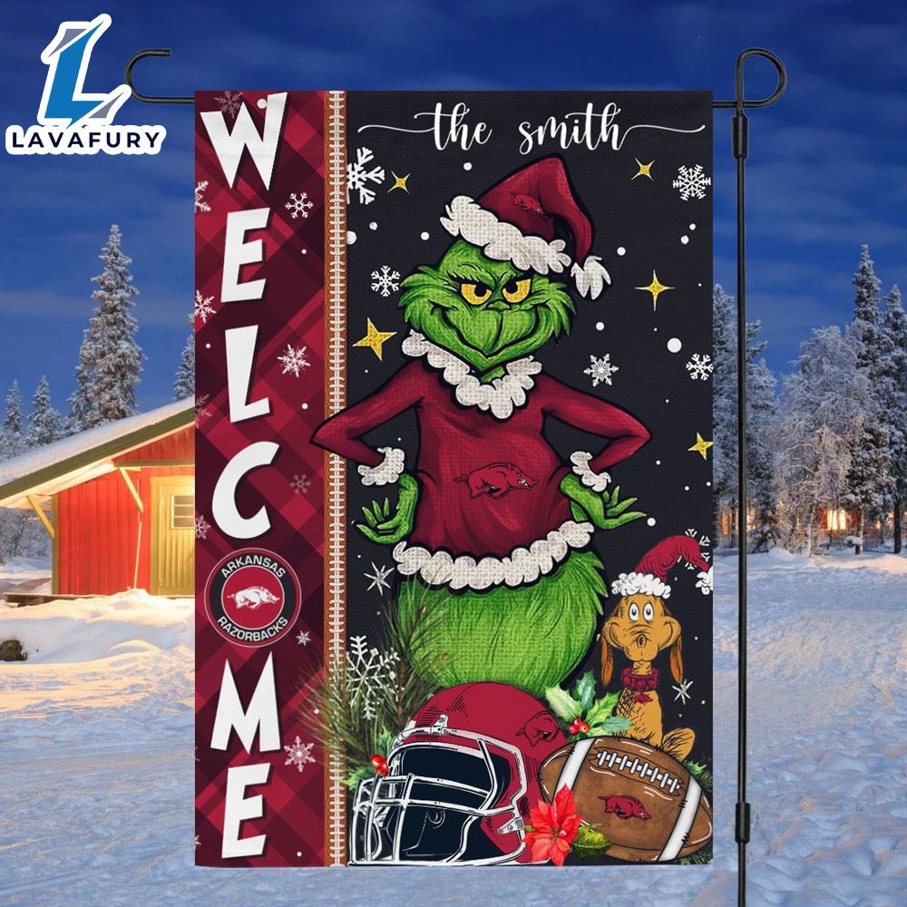 Custom Name NCAA Arkansas Razorbacks Grinch Football Christmas Welcome Garden Flag