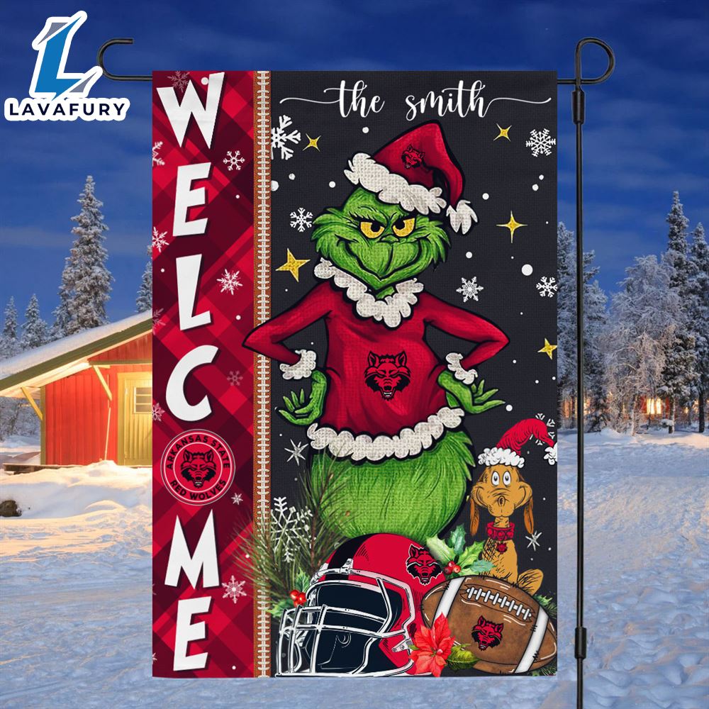 Custom Name NCAA Arkansas State Red Wolves Grinch Football Christmas Welcome Garden Flag