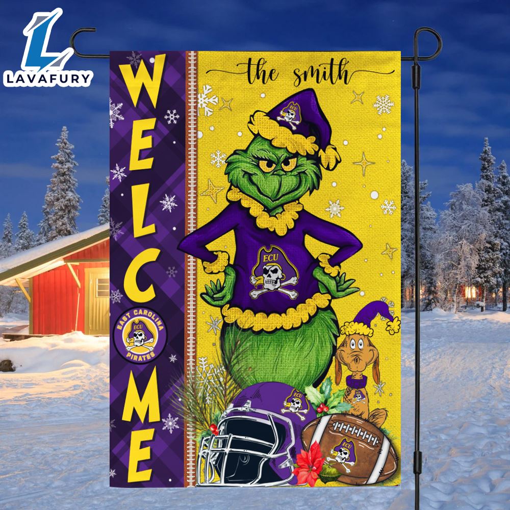 Custom Name NCAA BEast Carolina Pirates Grinch Football Christmas Welcome Garden Flag