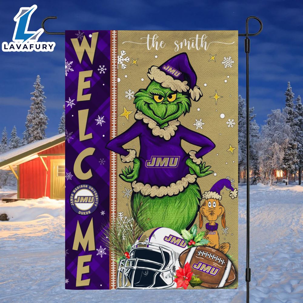 Custom Name NCAA BJames Madison Dukes Grinch Football Christmas Welcome Garden Flag