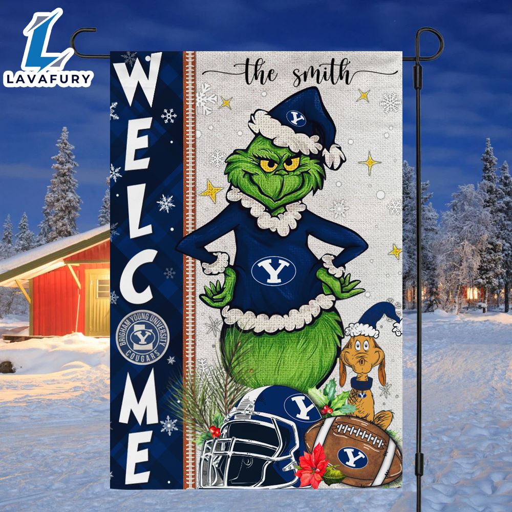 Custom Name NCAA BYU Grinch Football Christmas Welcome Garden Flag