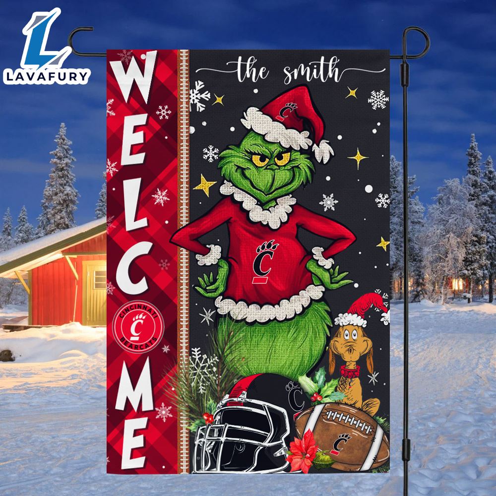 Custom Name NCAA Cincinnati Bearcats Grinch Football Christmas Welcome Garden Flag