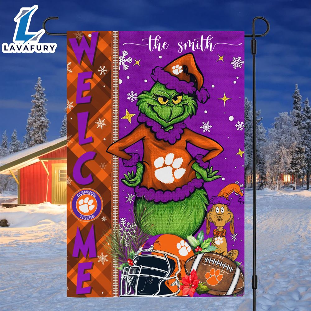 Custom Name NCAA Clemson Tigers Grinch Football Christmas Welcome Garden Flag