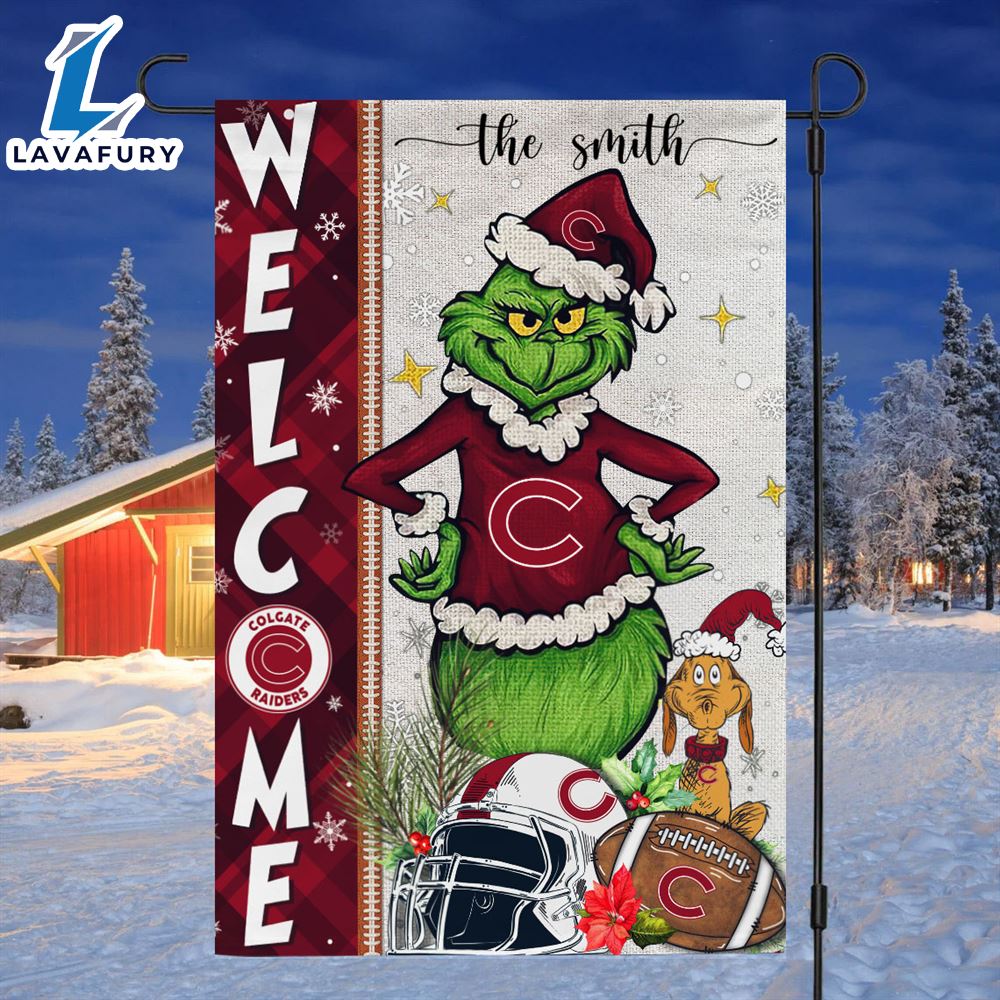 Custom Name NCAA Colgate Raiders Grinch Football Christmas Welcome Garden Flag