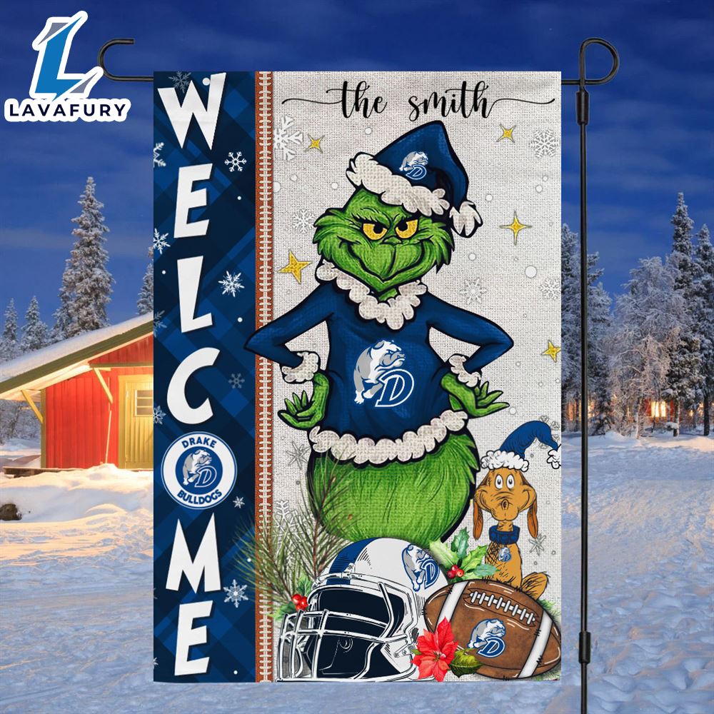 Custom Name NCAA Drake Bulldogs Grinch Football Christmas Welcome Garden Flag