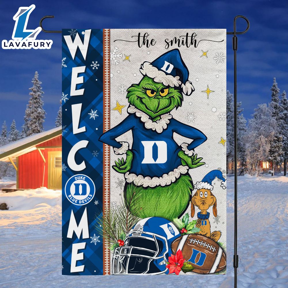 Custom Name NCAA Duke Blue Devils Grinch Football Christmas Welcome Garden Flag