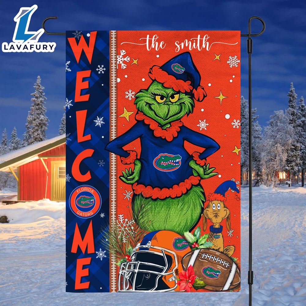 Custom Name NCAA Florida Gators Grinch Football Christmas Welcome Garden Flag