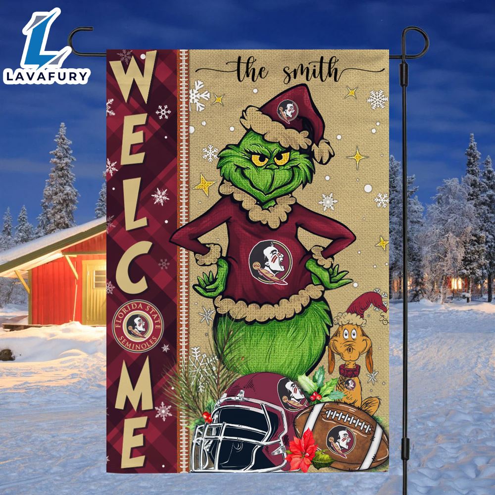 Custom Name NCAA Florida State Seminoles Grinch Football Christmas Welcome Garden Flag