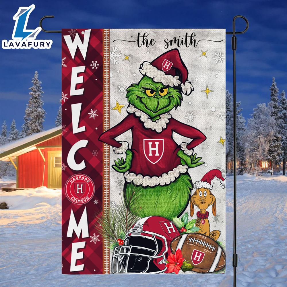 Custom Name NCAA Harvard Crimson Grinch Football Christmas Welcome Garden Flag