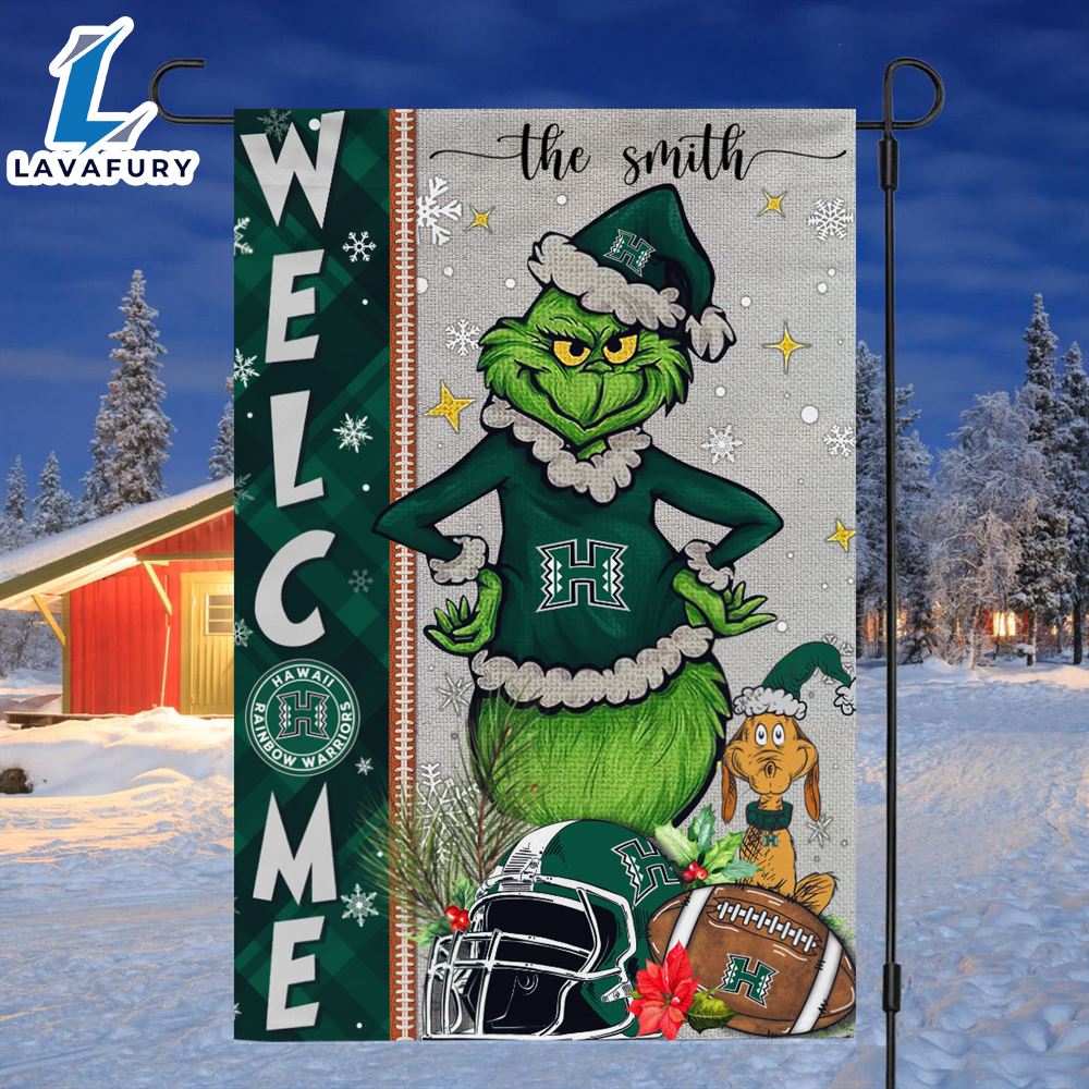 Custom Name NCAA Hawaii Rainbow Warriors Grinch Football Christmas Welcome Garden Flag