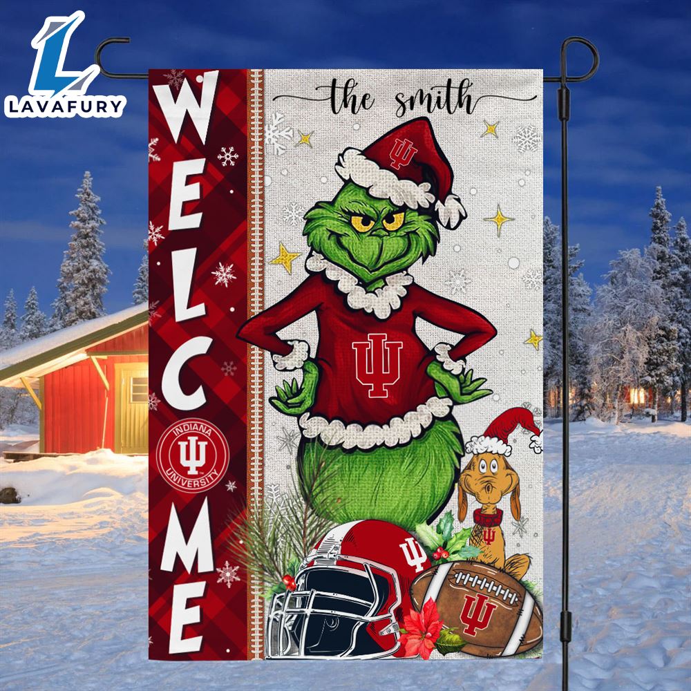 Custom Name NCAA Indiana Hoosiers Grinch Football Christmas Welcome Garden Flag