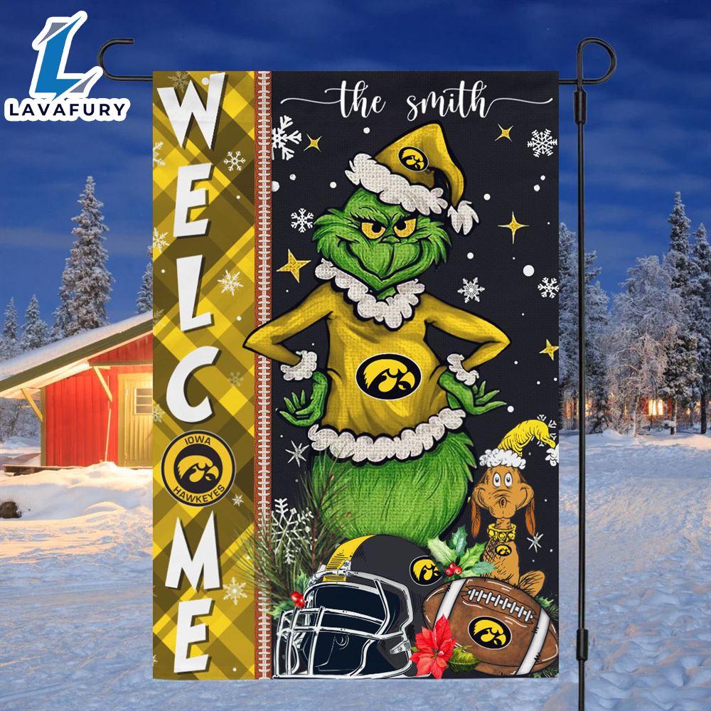 Custom Name NCAA Iowa Hawkeyes Grinch Football Christmas Welcome Garden Flag