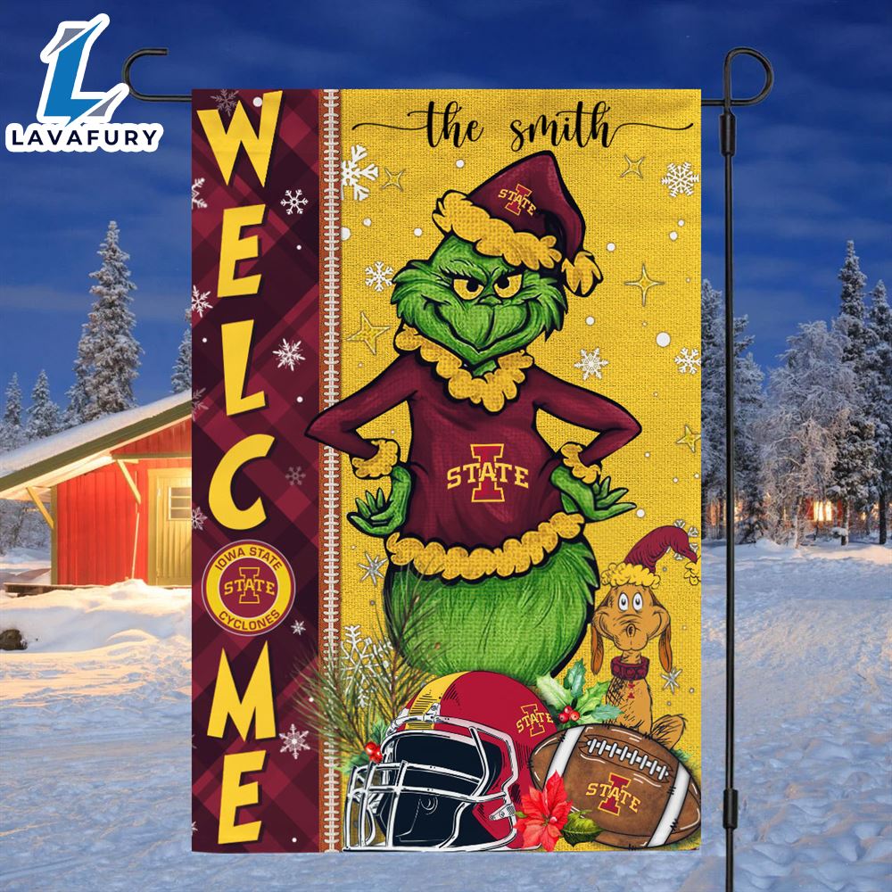 Custom Name NCAA Iowa State Cyclones Grinch Football Christmas Welcome Garden Flag