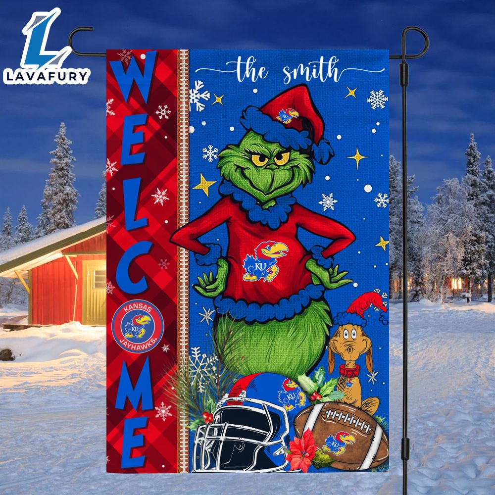 Custom Name NCAA Kansas Jayhawks Grinch Football Christmas Welcome Garden Flag