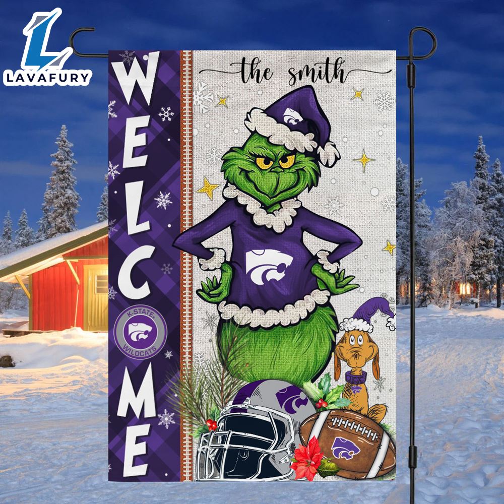 Custom Name NCAA Kansas State Wildcats Grinch Football Christmas Welcome Garden Flag