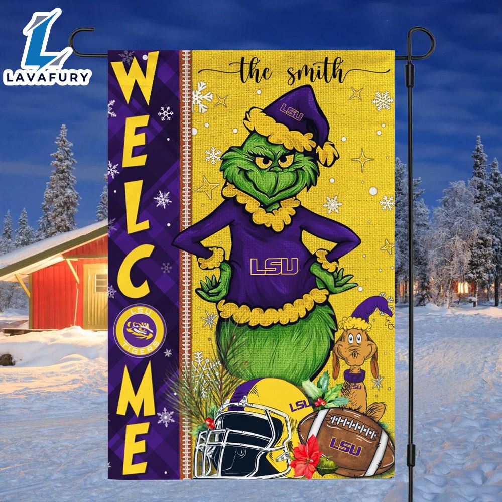 Custom Name NCAA LSU Tigers Grinch Football Christmas Welcome Garden Flag