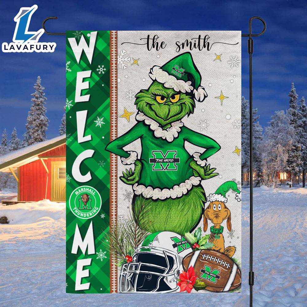 Custom Name NCAA Marshall Thundering Herd Grinch Football Christmas Welcome Garden Flag