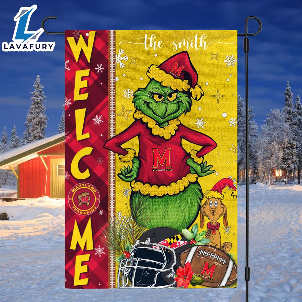 Custom Name NCAA Maryland Terrapins Grinch Football Christmas Welcome Garden Flag