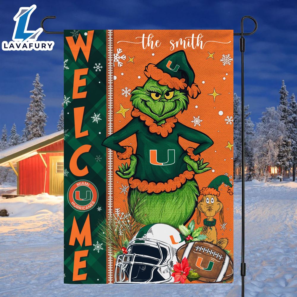 Custom Name NCAA Miami Hurricanes Grinch Football Christmas Welcome Garden Flag