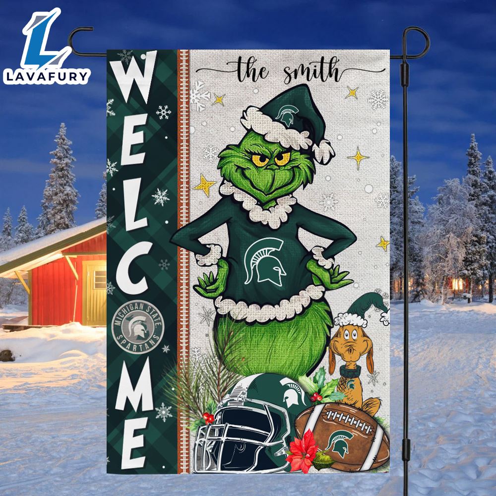 Custom Name NCAA Michigan State Spartans Grinch Football Christmas Welcome Garden Flag