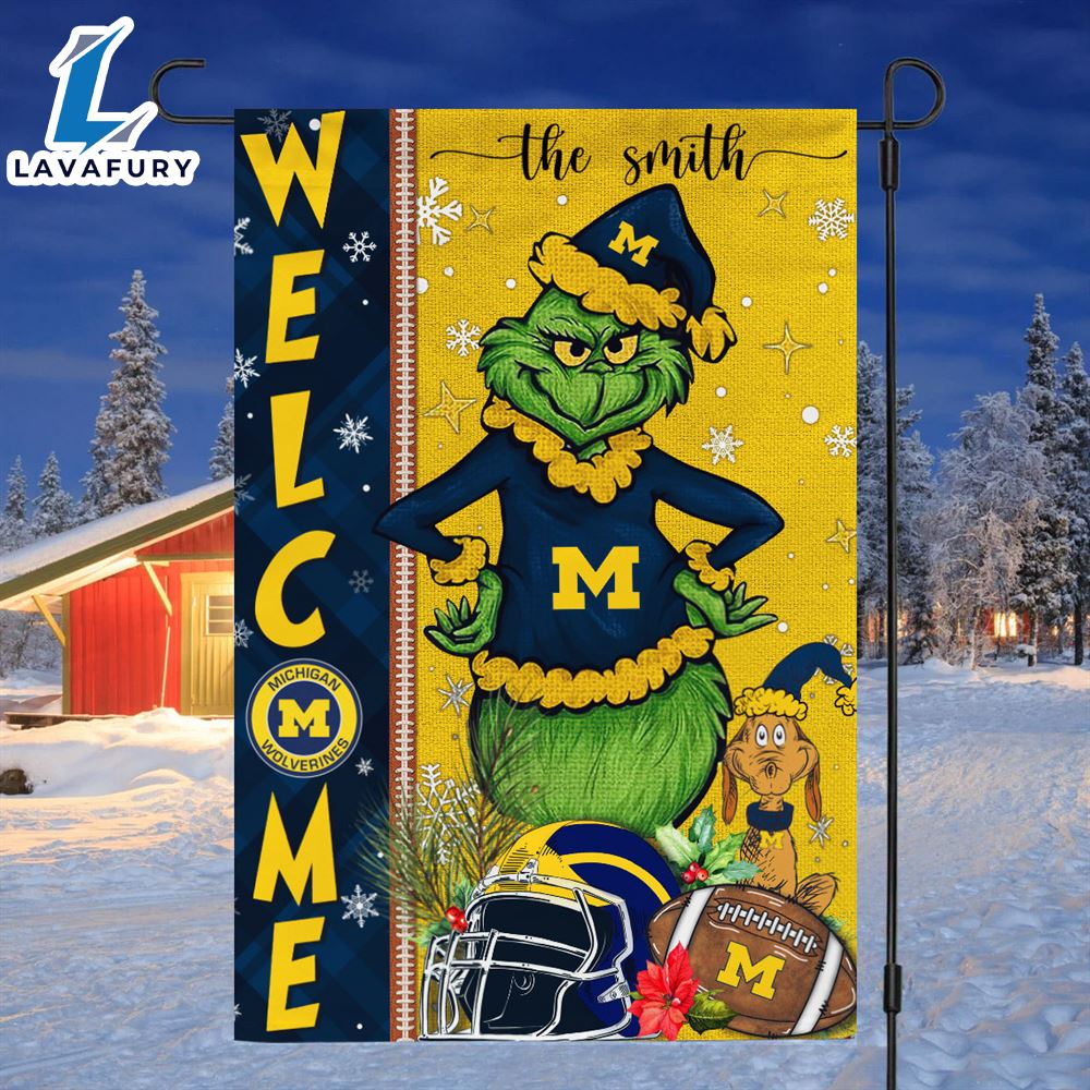 Custom Name NCAA Michigan Wolverines Grinch Football Christmas Welcome Garden Flag