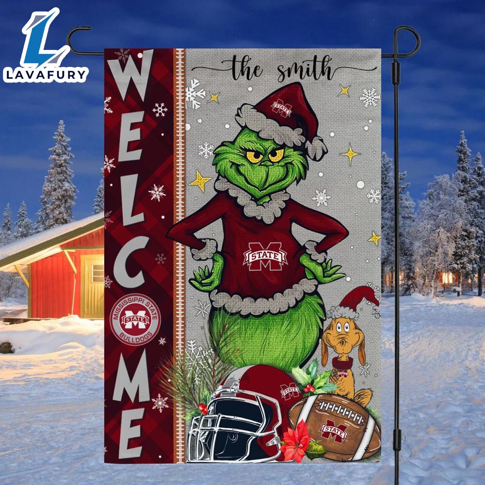 Custom Name NCAA Mississippi State Bulldogs Grinch Football Christmas Welcome Garden Flag