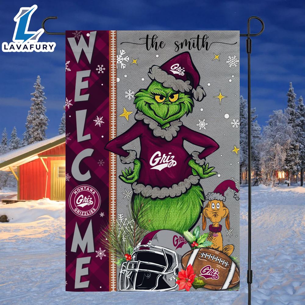 Custom Name NCAA Montana Grizzlies Grinch Football Christmas Welcome Garden Flag