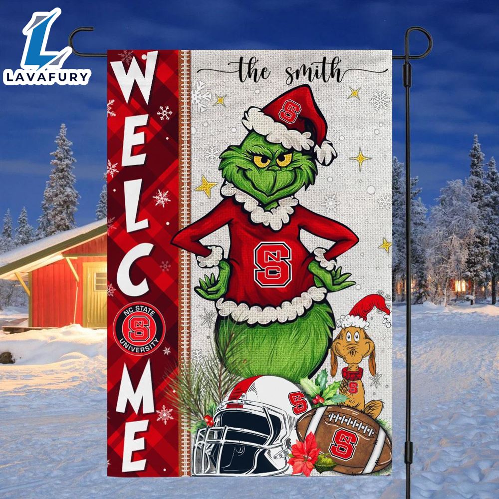 Custom Name NCAA NC State Wolfpack Grinch Football Christmas Welcome Garden Flag