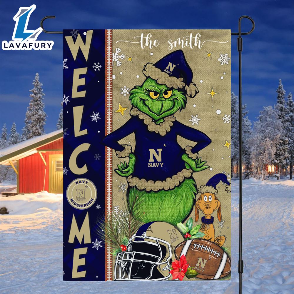 Custom Name NCAA Navy Midshipmen Grinch Football Christmas Welcome Garden Flag