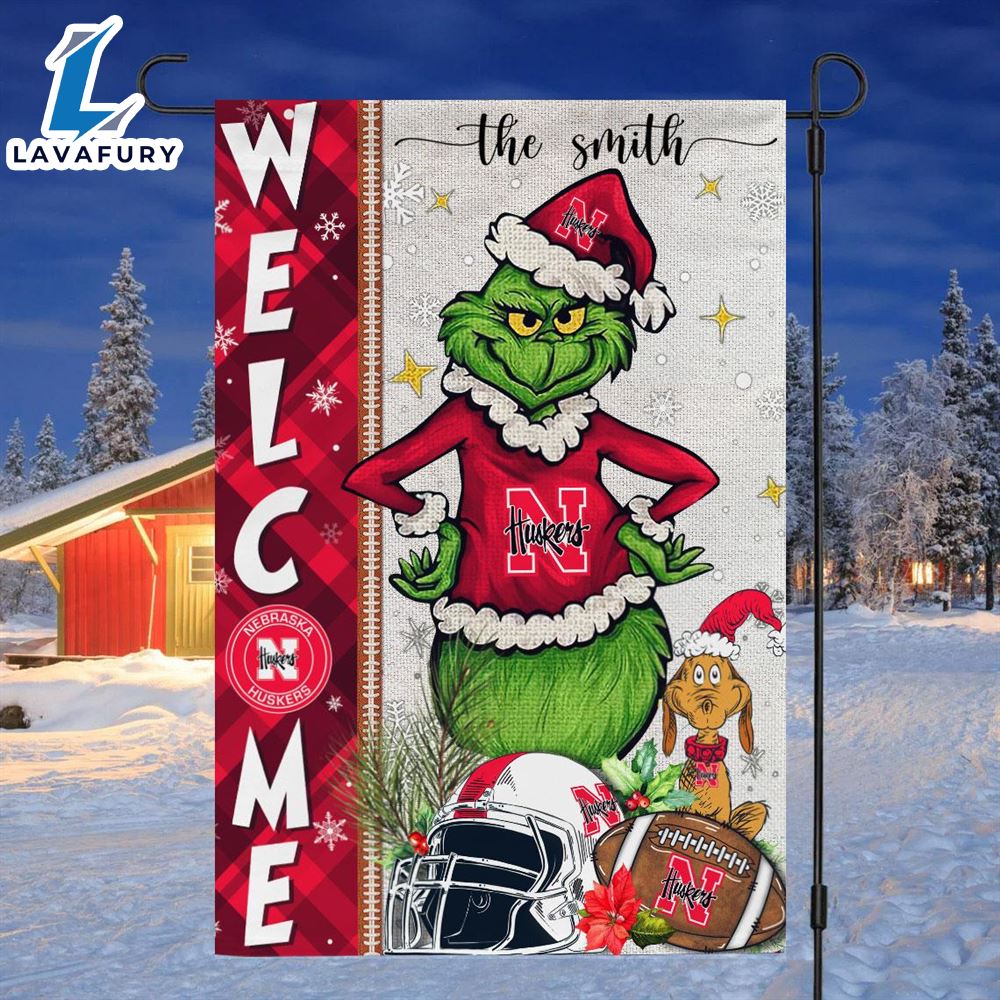 Custom Name NCAA Nebraska Cornhuskers Grinch Football Christmas Welcome Garden Flag