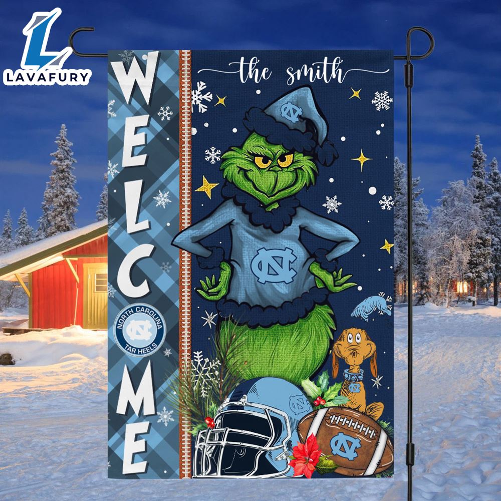 Custom Name NCAA North Carolina Tar Heels Grinch Football Christmas Welcome Garden Flag