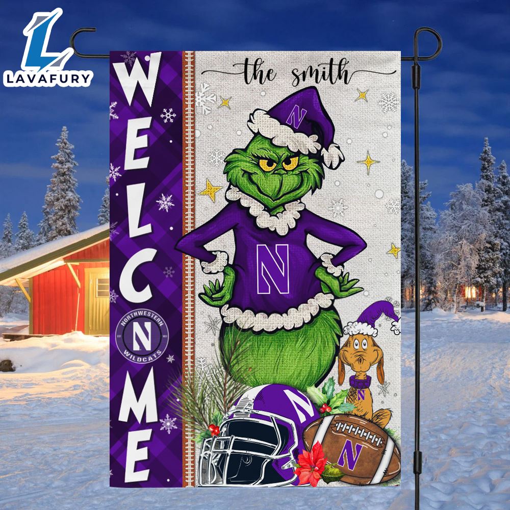 Custom Name NCAA Northwestern Wildcats Grinch Football Christmas Welcome Garden Flag