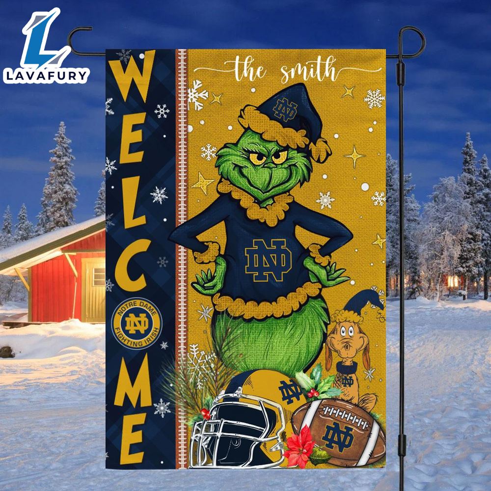 Custom Name NCAA Notre Dame Fighting Irish Grinch Football Christmas Welcome Garden Flag