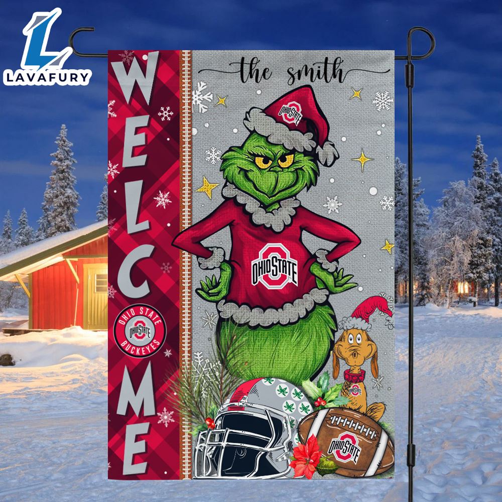 Custom Name NCAA Ohio State Buckeyes Grinch Football Christmas Welcome Garden Flag