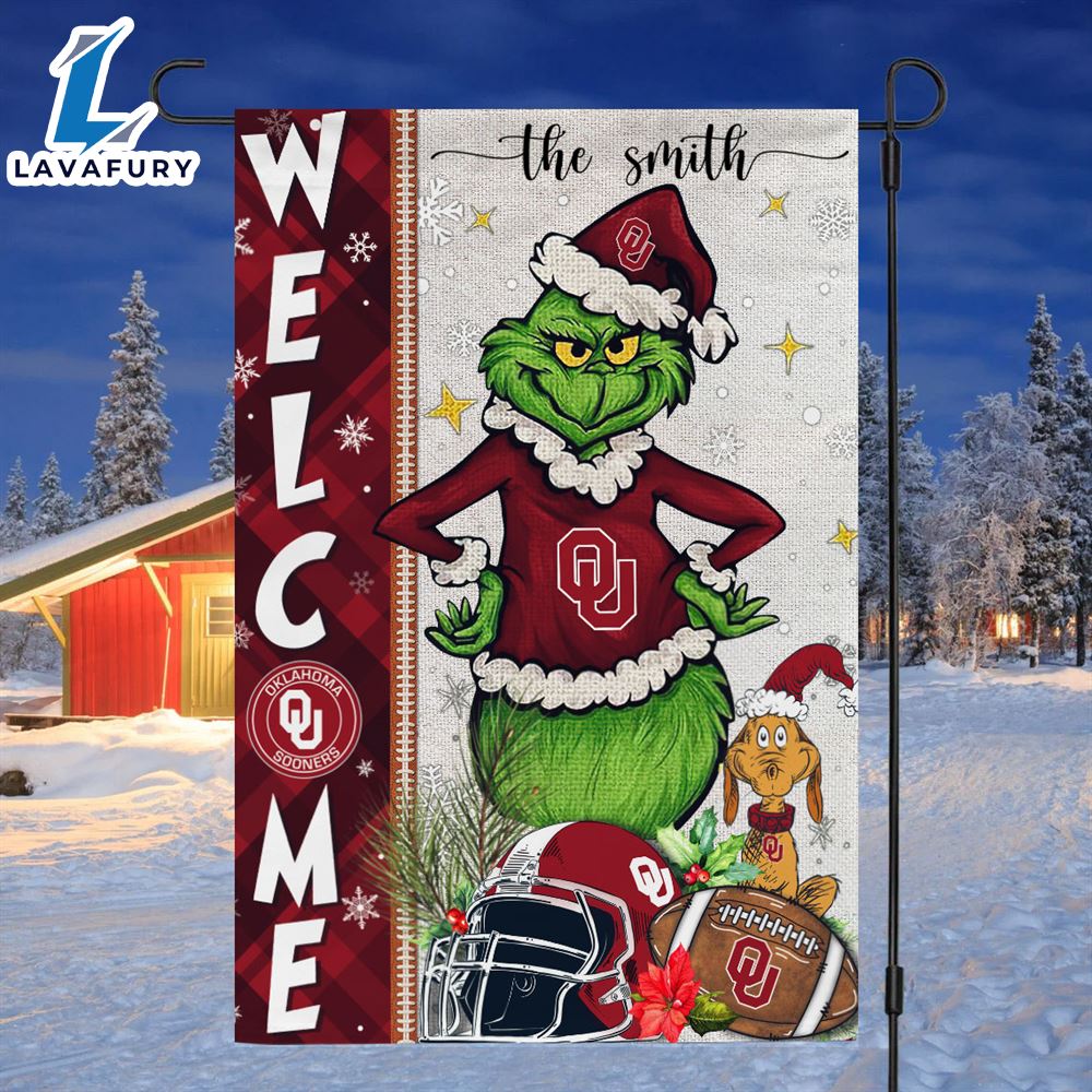 Custom Name NCAA Oklahoma Sooners Grinch Football Christmas Welcome Garden Flag