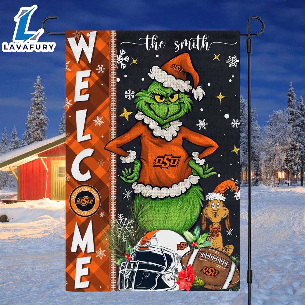 Custom Name NCAA Oklahoma State Cowboys Grinch Football Christmas Welcome Garden Flag