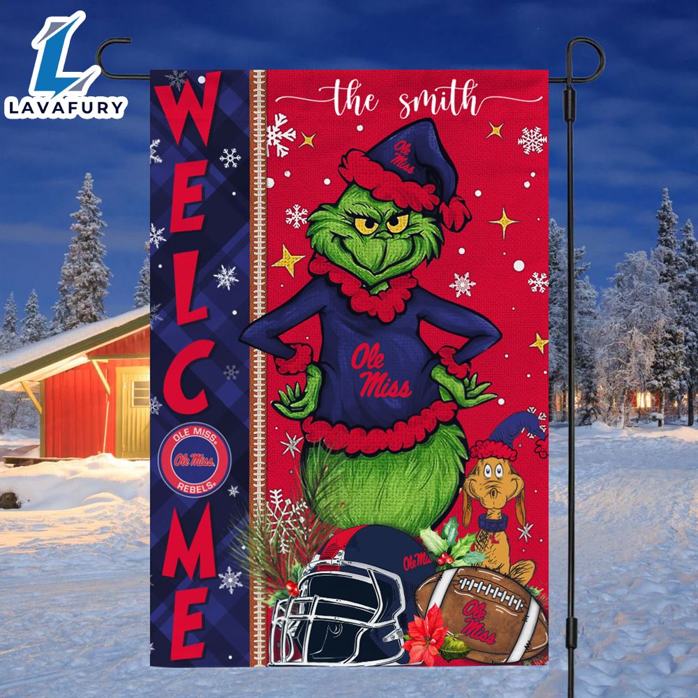 Custom Name NCAA Ole Miss Rebels Grinch Football Christmas Welcome Garden Flag