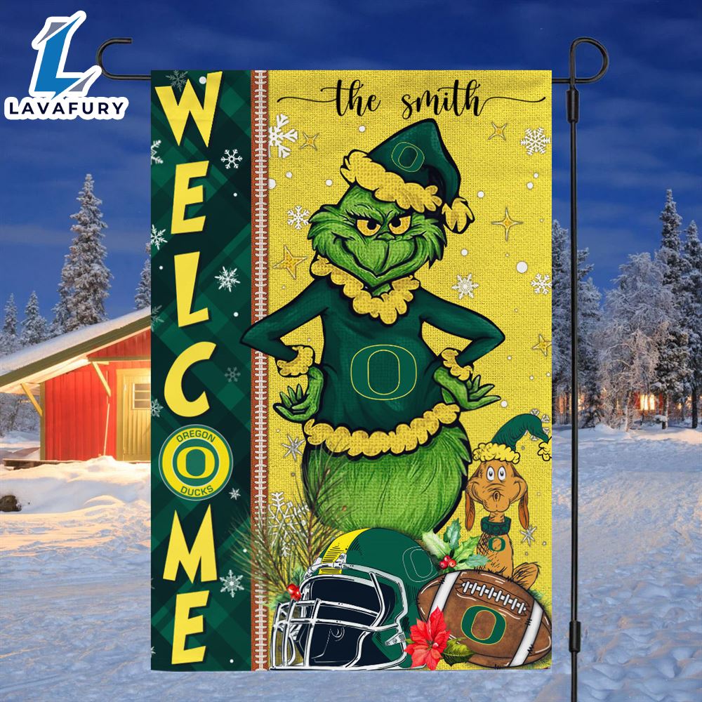 Custom Name NCAA Oregon Ducks Grinch Football Christmas Welcome Garden Flag