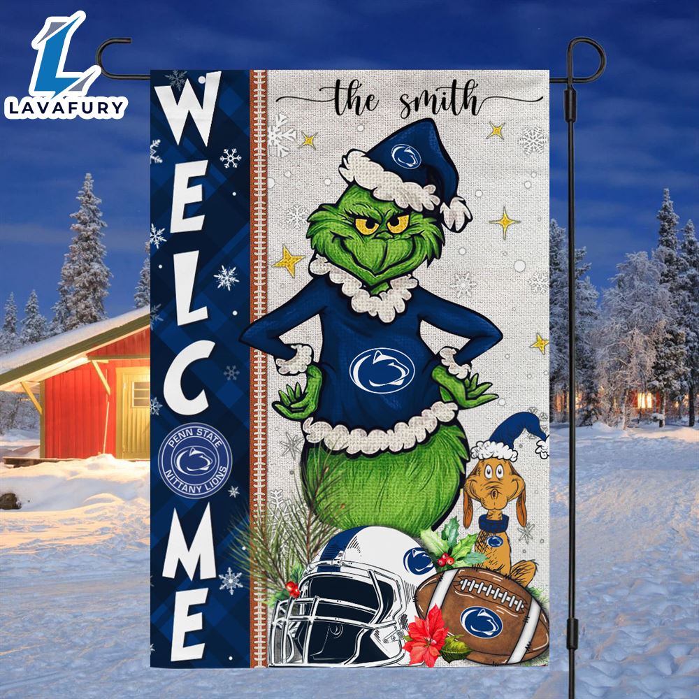 Custom Name NCAA Penn State Nittany Lions Grinch Football Christmas Welcome Garden Flag