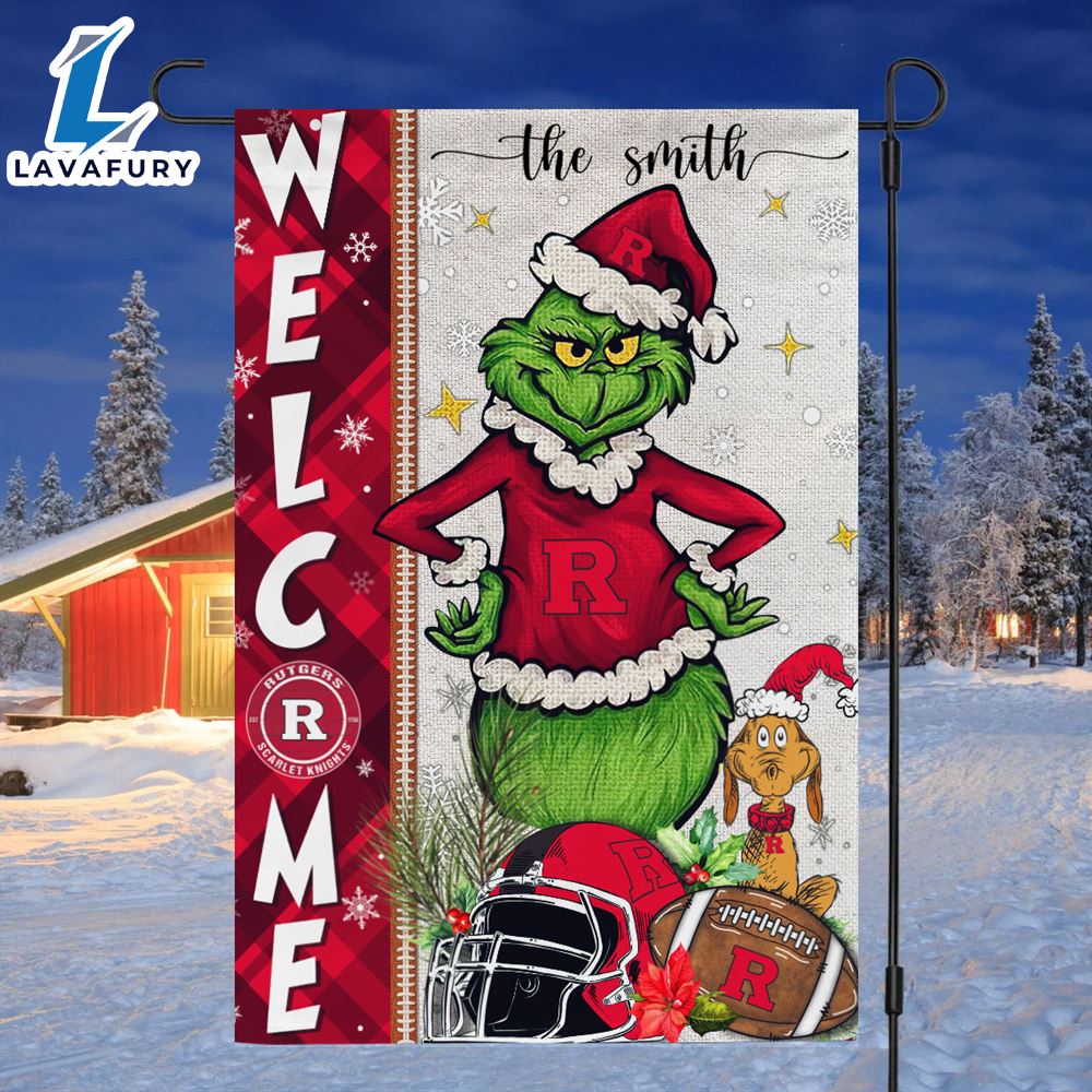 Custom Name NCAA Rutgers Scarlet Knights Grinch Football Christmas Welcome Garden Flag