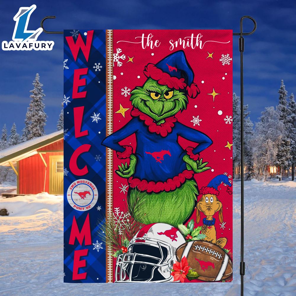 Custom Name NCAA SMU Mustangs Grinch Football Christmas Welcome Garden Flag