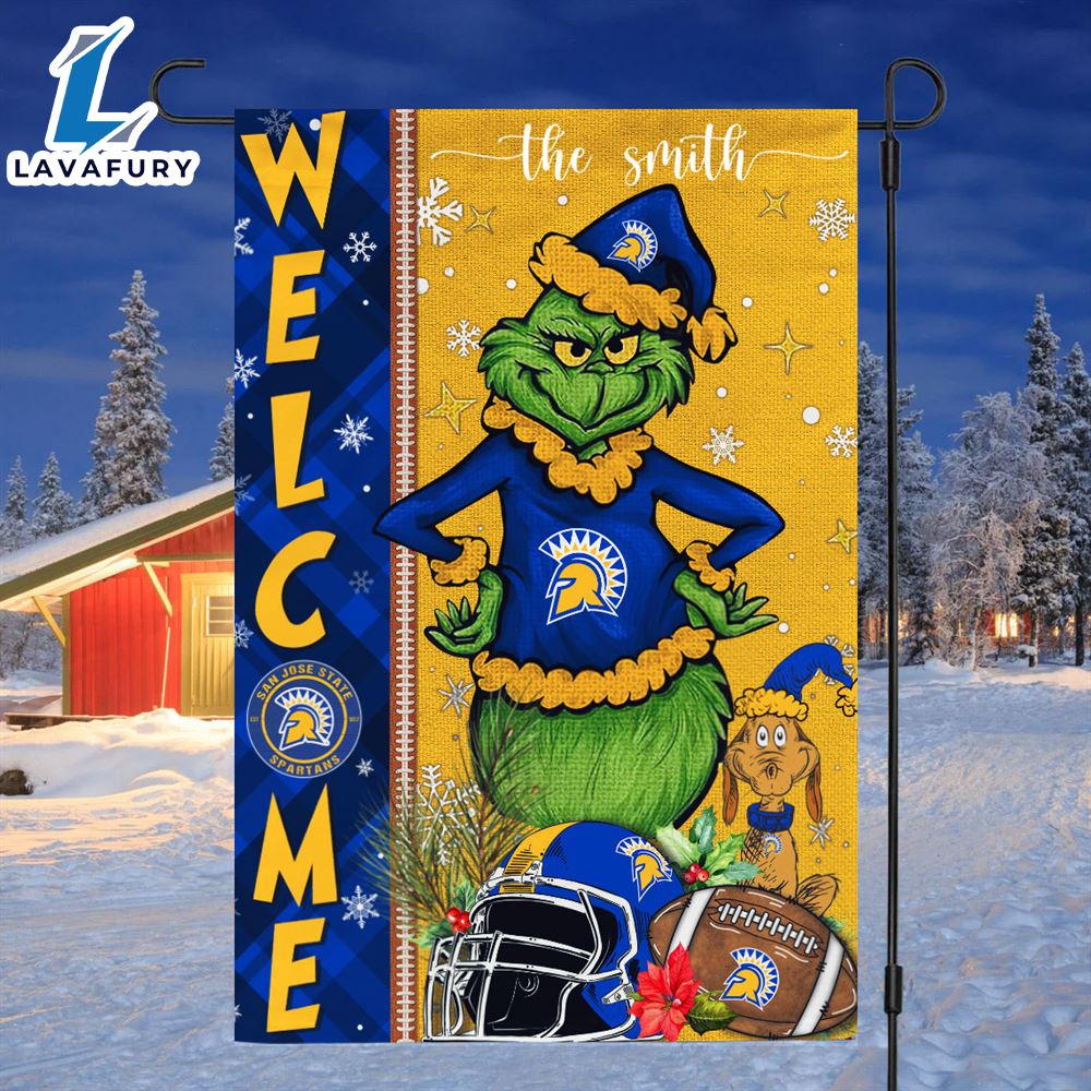 Custom Name NCAA San Jose State Spartans Grinch Football Christmas Welcome Garden Flag