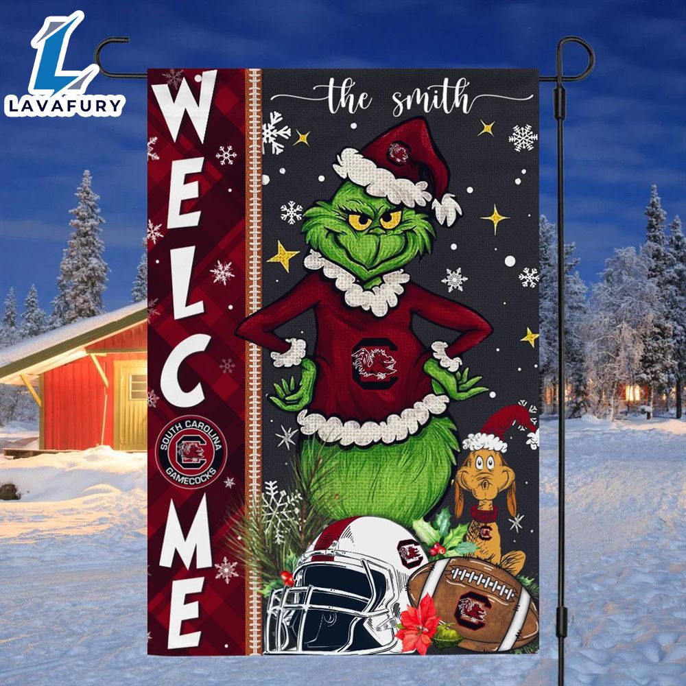 Custom Name NCAA South Carolina Gamecocks Grinch Football Christmas Welcome Garden Flag