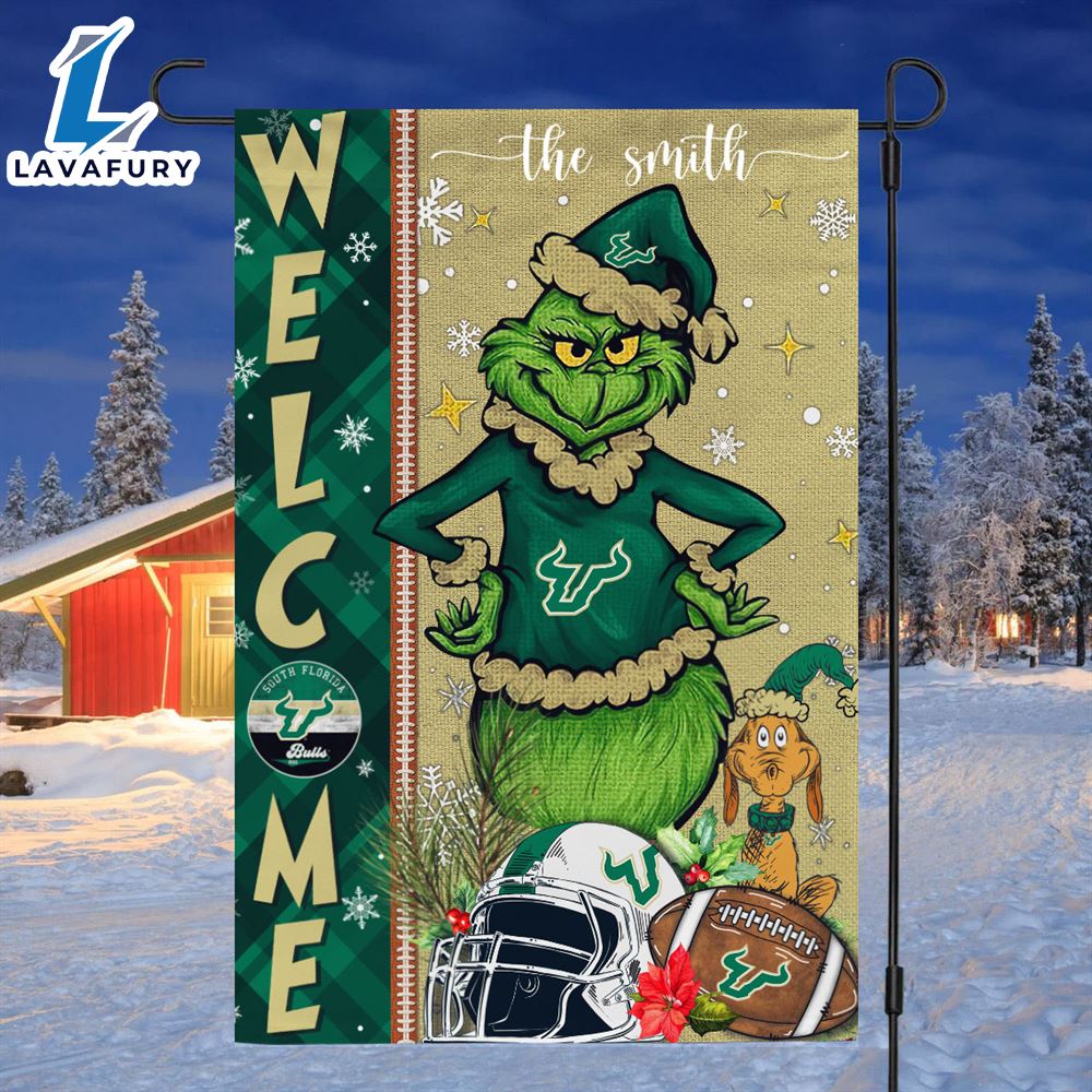 Custom Name NCAA South Florida Bulls Grinch Football Christmas Welcome Garden Flag