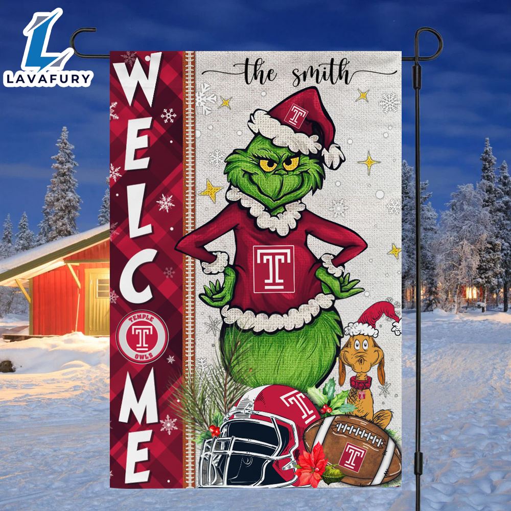 Custom Name NCAA Temple Owls Grinch Football Christmas Welcome Garden Flag