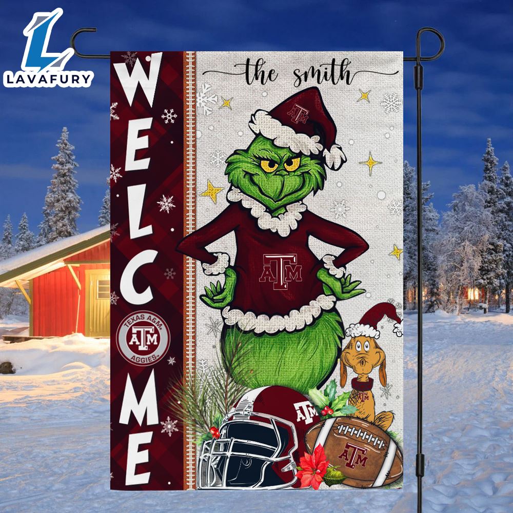 Custom Name NCAA Texas AampM Aggies Grinch Football Christmas Welcome Garden Flag