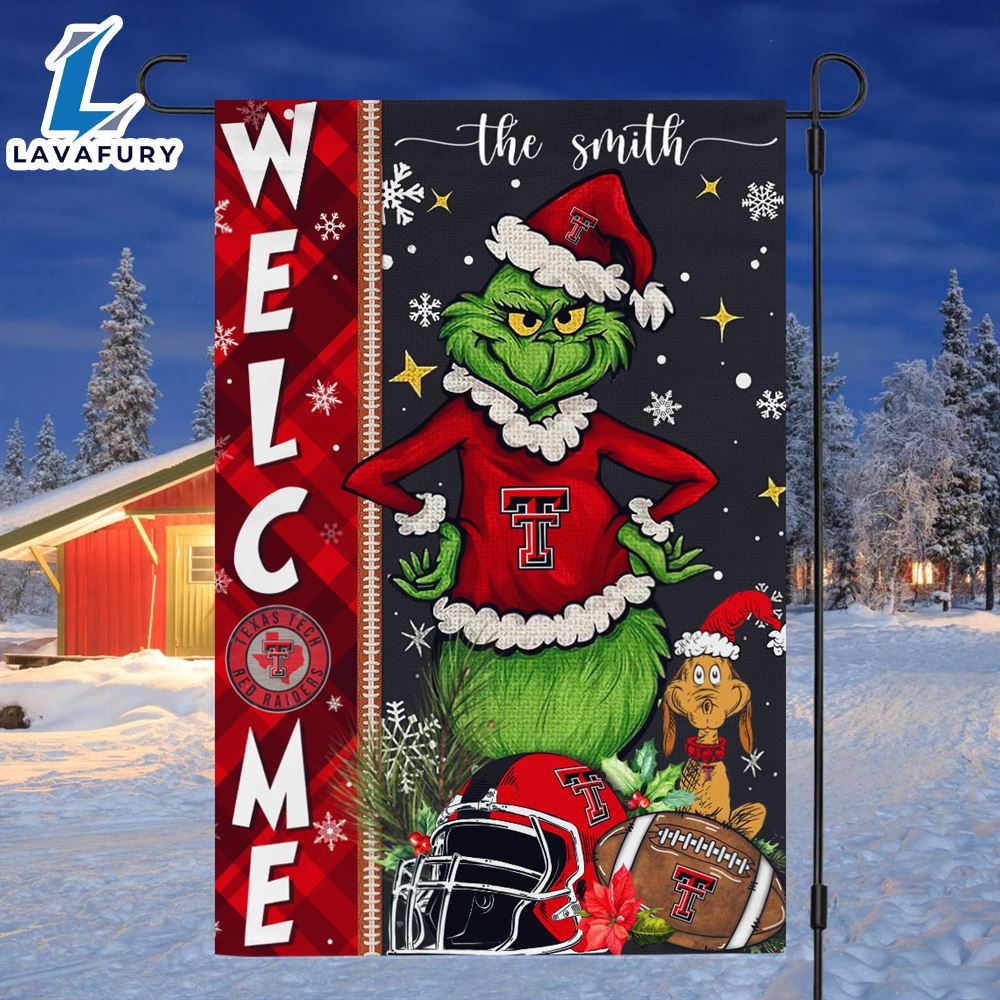 Custom Name NCAA Texas Tech Red Raiders Grinch Football Christmas Welcome Garden Flag