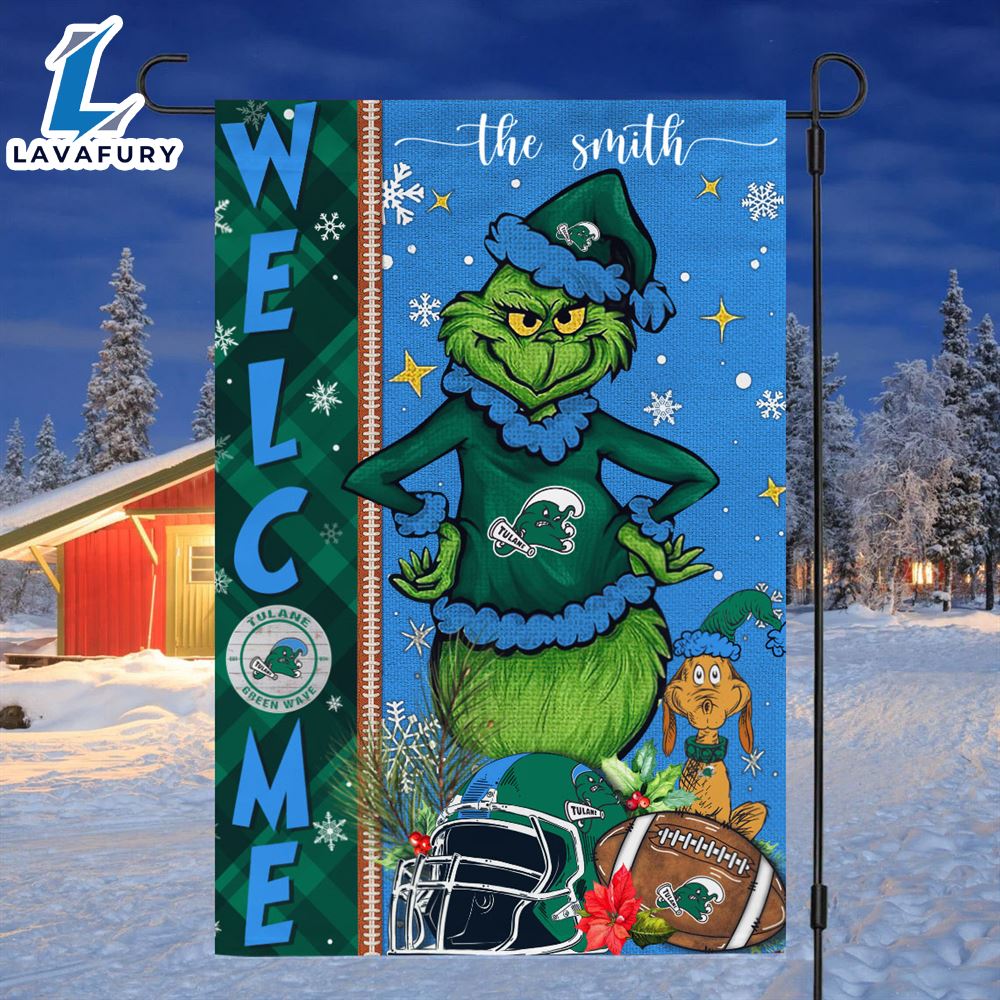 Custom Name NCAA Tulane Green Wave Grinch Football Christmas Welcome Garden Flag