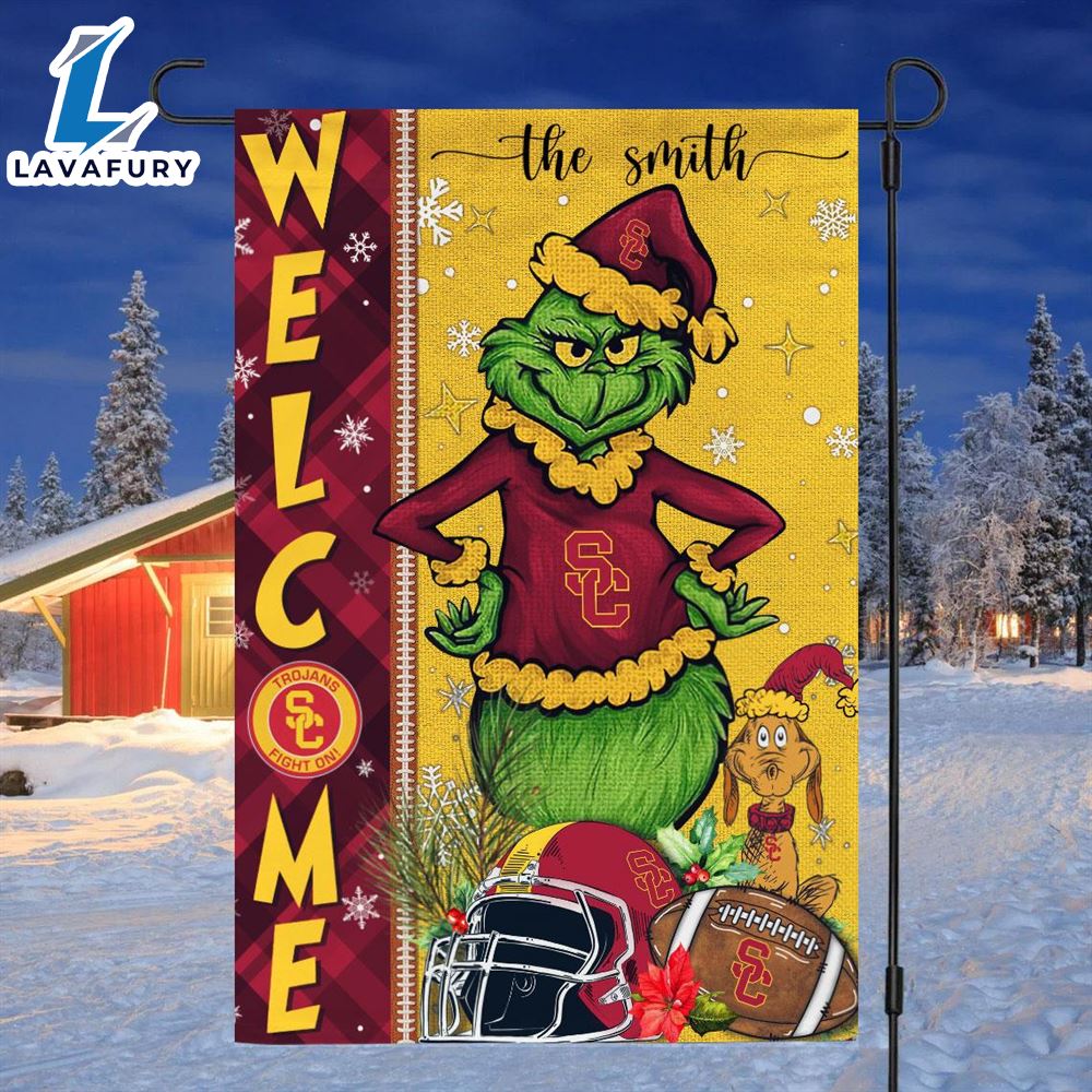 Custom Name NCAA USC Trojans Grinch Football Christmas Welcome Garden Flag